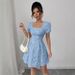 Summer Slim Fit Elegant Women's Dress Style Solid Color Jacquard Puff Sleeve Square Neck French Style Vacation Dress_ecoleips.com