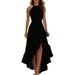 Women's Summer Sleeveless Halter Neck Asymmetrical Ruffle Hem Dress - Flowy Boho Chic Beach Cover Up For Vacation & Casual Wear_ecoleips.com
