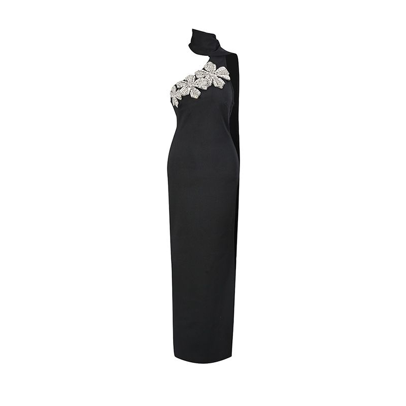 Women's Sexy Dark Style Sleeveless Bandage Bodycon Dress Rhinestone Embellished Long Skirt 2026 Spring New Black Dress_ecoleips.com