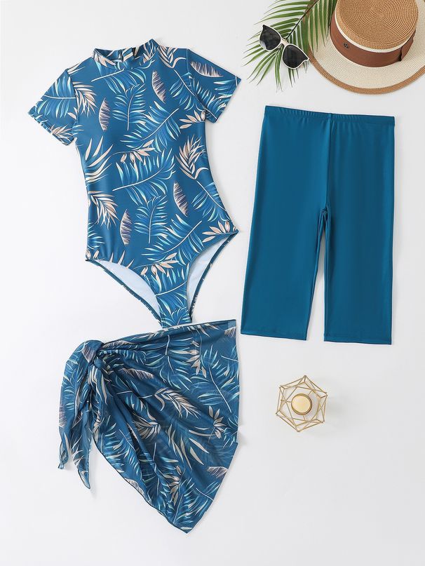 Women's Clothing Hot Selling Swimsuit Fashion Gauze Skirt Style Leaf Print Zipper Three Piece Swimsuit_ecoleips.com