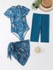 Women's Clothing Hot Selling Swimsuit Fashion Gauze Skirt Style Leaf Print Zipper Three Piece Swimsuit_ecoleips.com