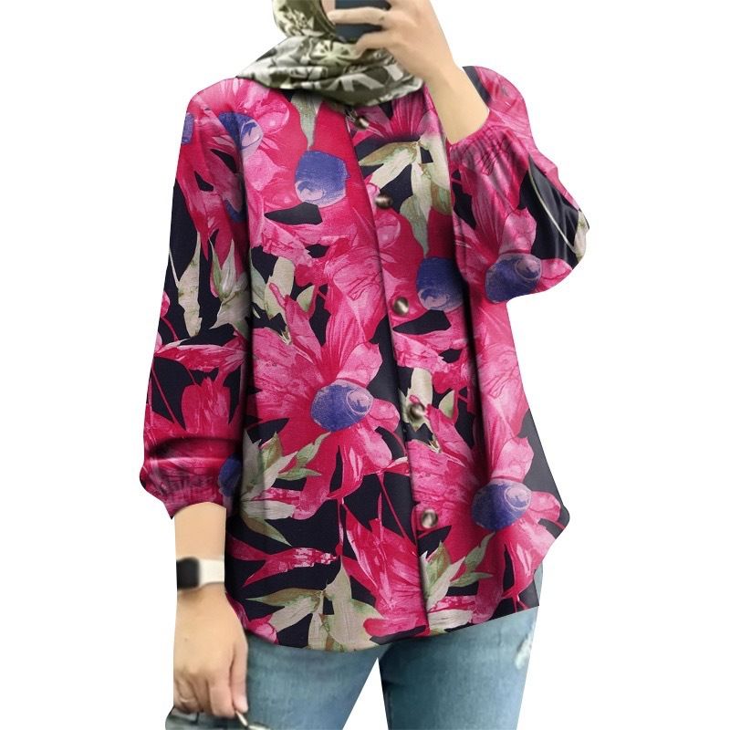 Modest Floral Print Muslim Blouse – 3D Embroidery Bubble Sleeve Top (S-5XL) – Breathable Polyester_ecoleips.com