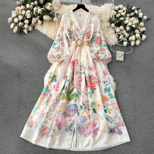 Women's Clothing Court Style Dress Sweet Lace V-neck Breasted Slim-fit Long Dress_ecoleips.com