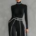 Autumn Winter Two Piece Set Women's Elegant Stand Up Collar Long Sleeve Knit Top Wide Leg Pants Contrast Color Slimming Waist_ecoleips.com