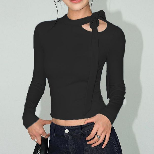 Elegant Off-Shoulder Long Sleeve T-Shirt High Neck Slim Fit Trendy Inner Layer Top for Women Sexy Ribbons Design New Style 2025_ecoleips.com