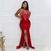 lace-up halterneck high slit solid color hot diamond dress sexy evening dress with mesh sleeves_ecoleips.com