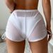 New European And American Sexy Solid Color Swimsuit Women's Four Corner Transparent Mesh Drawstring Beach Swimming Trunks Bikini Shorts_ecoleips.com