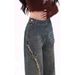 American Retro Side-zip Raw-edge Straight-leg Jeans For Women, Spring/summer Trendy New Butterfly Patch Floor-length_ecoleips.com