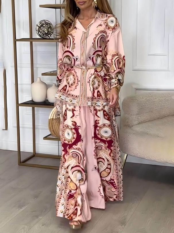 Women's Clothing Fashion Graffiti Print Lapel Shirt Trousers Two Piece Suit_ecoleips.com