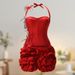 Women's Strapless Elegant Birthday Gown with Heavy Duty Three Dimensional Rose Boning Fitted Waist Puffy Red Skirt Dress_ecoleips.com