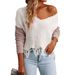 Oversized V-Neck Off-Shoulder Sweater – Long Sleeve Knit Top For Women (S-XL, White & Color-Block)_ecoleips.com