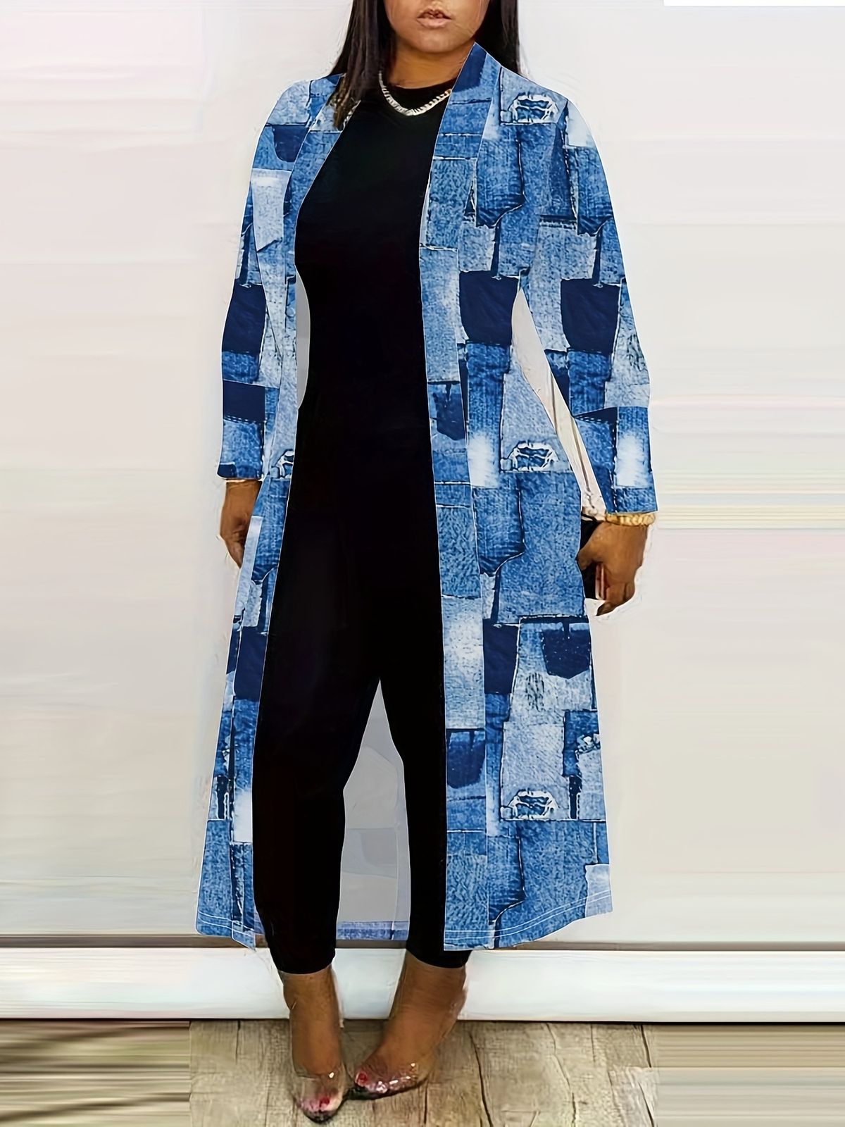 Longline Denim Print Windbreaker Coat For Women - Versatile Blue Collarless Jacket Versatile Full-Zip Closure_ecoleips.com