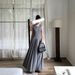 Grey Round Neck Pleated Sleeveless Elegant Simple, Slim Fit And Slimming, Front Shoulder Low Waist A-Line Long Dress For_ecoleips.com