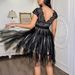 Elegant Lace Trim Knit Maxi Dress With V-Neck & Flounce Hem - Women's Flowy High Waist Dress For Office & Evening_ecoleips.com