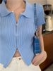 K Double Zipper Thin Short Sleeved Tight Knit Sweater For Women, Slim And Short Cardigan Top_ecoleips.com