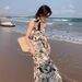 Ink Painting Floral Strap Summer Women French Niche Loose Lazy Style Over-the-Knee Long Beach Dress_ecoleips.com