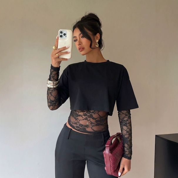 Women's Slim Long Sleeved Lace Top T-Shirt European American Style Autumn New Patchwork Waist Revealing Solid Color_ecoleips.com