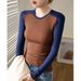 2025 High Quality Elastic Thread Cotton Color Blocked Long Sleeved T-Shirt For Women In Autumn And Winter 2025, Slim Fit_ecoleips.com