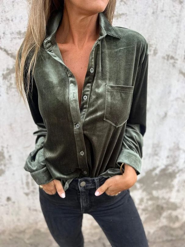 Velvet Blouse For Women – Long Sleeve, Button-Down, Oversized Elegant Shirt In Purple, Burgundy, Brown & Army Green (S-3xl)_ecoleips.com
