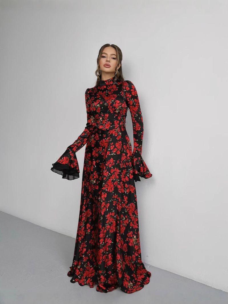 Modest Abaya Dress/Muslim Dress Women French Floral Print Wrap Dress With Adjustable Belt - Elegant A-Line Long Sleeve Maxi Dress For Women_ecoleips.com
