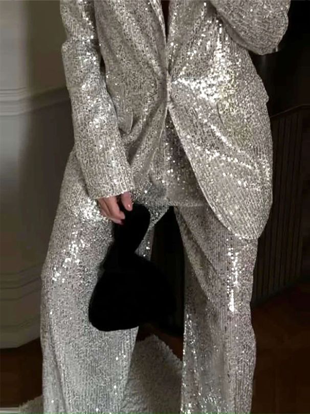 European And American 2026 Sparkling Silver Sequined V-Neck Suit Jacket And Wide Leg Pants Two-Piece Set_ecoleips.com