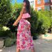 Women's Clothing Summer Digital Print V Neck Sling Midi Slit Dress_ecoleips.com