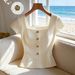 Women's Square Neck Short Sleeve Shirt - Elegant Office Blouse With Button Detail For Summer_ecoleips.com