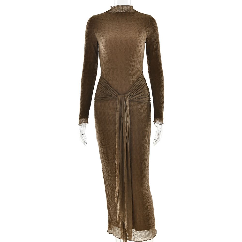 Women's Fashion Sexy Long Sleeve Streamer Maxi Dress Ruched Slim Fit Dress_ecoleips.com