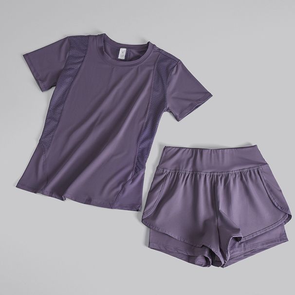 Yoga Sports Suit For Women Running Quick Drying Mesh Breathable Anti Exposure Pocket High Waist Shorts Fitness Short Sleeves_ecoleips.com