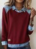 Women's Denim-Collar Knit Top – Long Sleeve Contrast Panel Pullover Sweater (7 Colors, Plus Size 3XL)_ecoleips.com