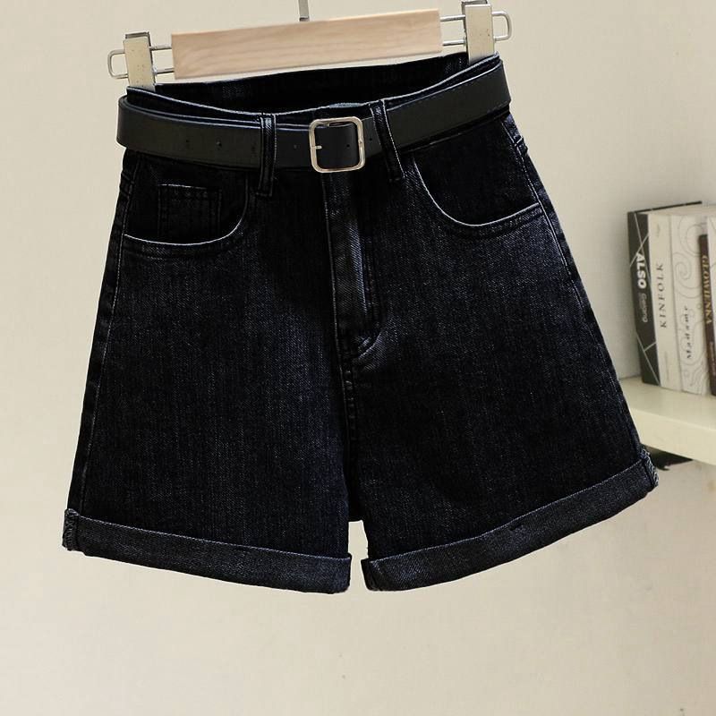 2025s Black Gray Denim Shorts For Women, Summer Thin Ins Style, Korean Version, Slimming, Casual, Rolled Hem, A-line,_ecoleips.com