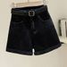 Women's Black Gray Denim Shorts Summer Thin Ins Korean Style Slimming Casual Rolled Hem A-Line Wide Leg Hot Pants_ecoleips.com