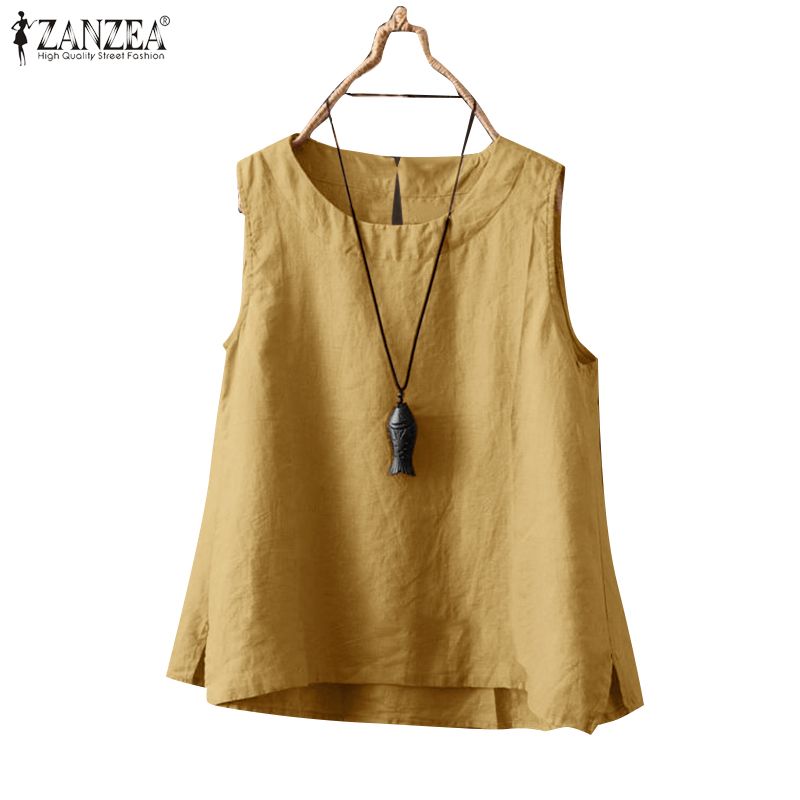ZANZEA Women 2025 Summer Tank Tops Holiday Sleeveless Cotton Linen Casual Loose Beach Tees Oversized Solid Color Blouse Camis_ecoleips.com