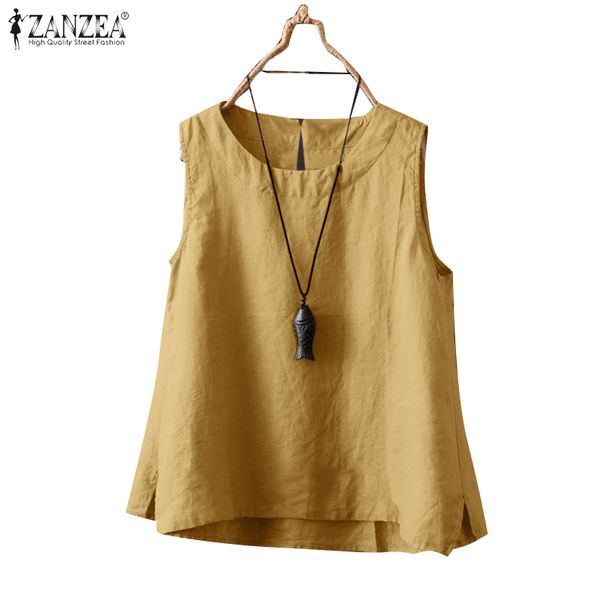 ZANZEA Women 2025 Summer Tank Tops Holiday Sleeveless Cotton Linen Casual Loose Beach Tees Oversized Solid Color Blouse Camis_ecoleips.com
