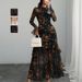 New European American Style Black Printed With Ruffle Sleeves, Plant And Floral Print, Niche For Women, Holiday Long_ecoleips.com