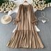 plus Size Women's Tie Neck Lantern Sleeve Dress Loose Fit Hides Tummy Slimming Pleated Long Dress for Summer Commuting_ecoleips.com