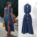 Women's Clothing Retro Lapel Hollow Waist Exposed Waist Slimming Sleeveless Single Breasted A Line Slit Denim Dress Casual Long Skirt_ecoleips.com