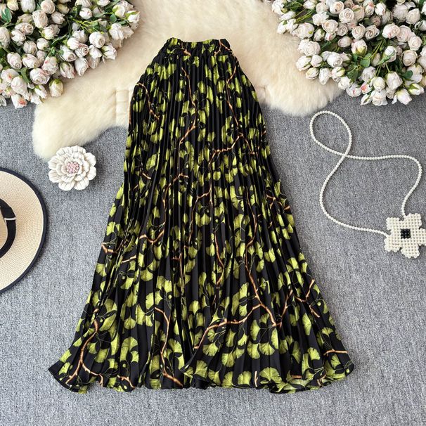 Chiffon Floral Print Midi Skirt for Women 2025 New Style Wide Swing A-Line Pleated Cross Border Flowy Skirt_ecoleips.com