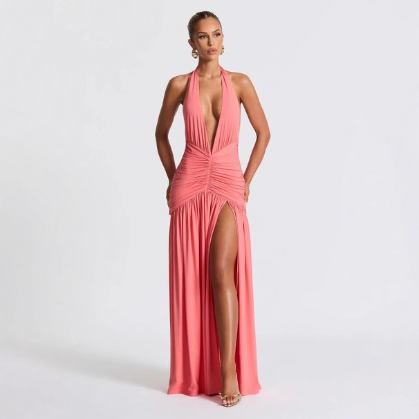 Women's Clothing Autumn New Sexy Temperament Slim V Neck Hot Girl Solid Color Halter Neck Slit Dress_ecoleips.com