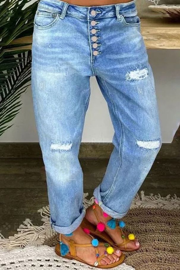 Women's Clothing Straight Button Stitching Ripped Jeans For Women_ecoleips.com