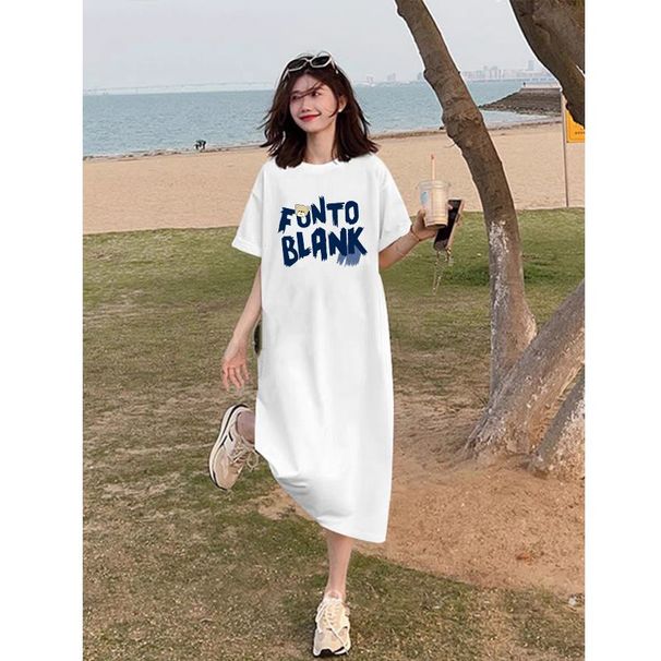 Long Cotton Short-sleeve T-shirt For Women, Summer Wear, Loose Straight Cut, Plus Size, Ins-style Simple Long Dress,_ecoleips.com
