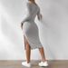 Women's Sexy Square Neck Long Sleeve Side Slit Bodycon Midi Dress – Fall Winter Club Gown_ecoleips.com