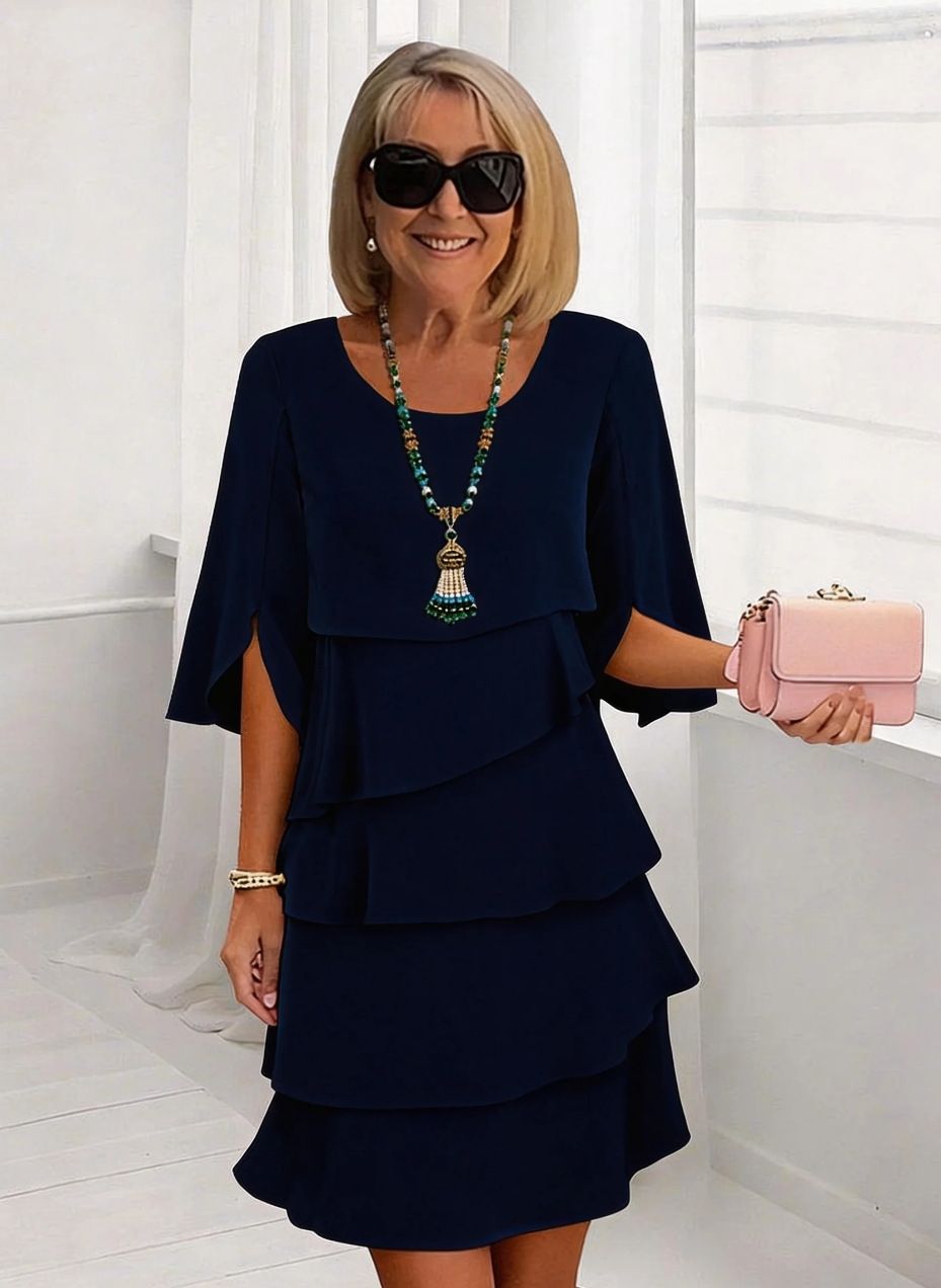 Elegant Tiered Flounce Dress With Round Neck - Stylish Solid Color Summer Casual Dress For Women_ecoleips.com