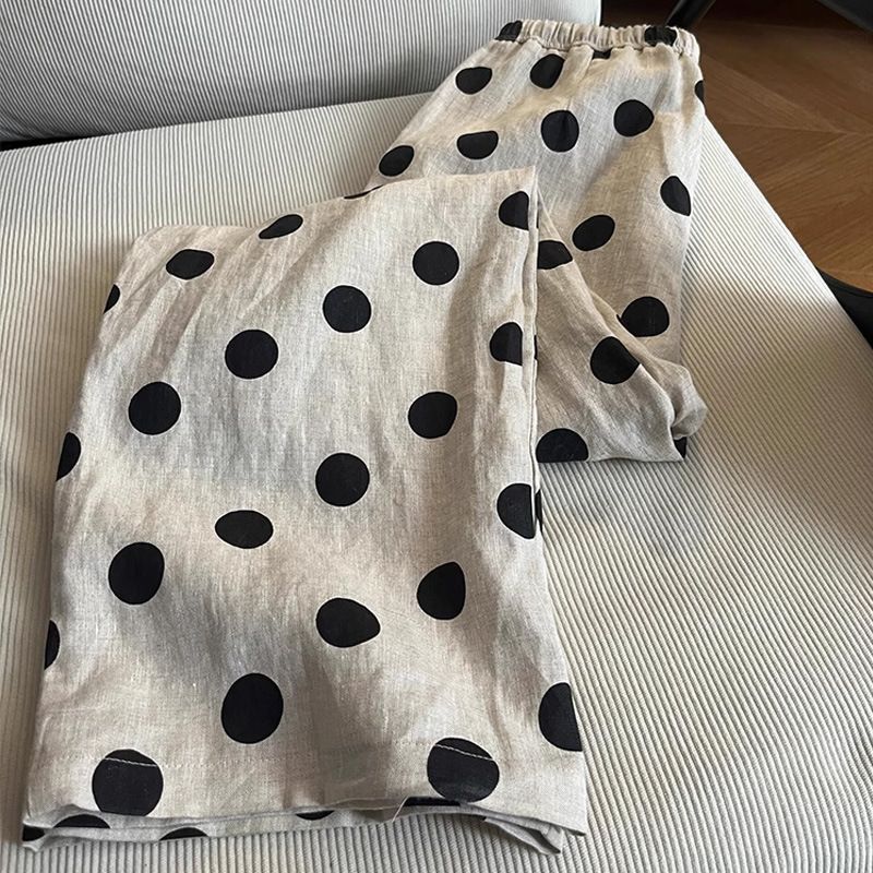 Suitable For All Seasons CHAO-Level Korean Style Lazy Polka Dot Linen For Women Elastic Waist Drawstring Loose Casual Straight Pants_ecoleips.com