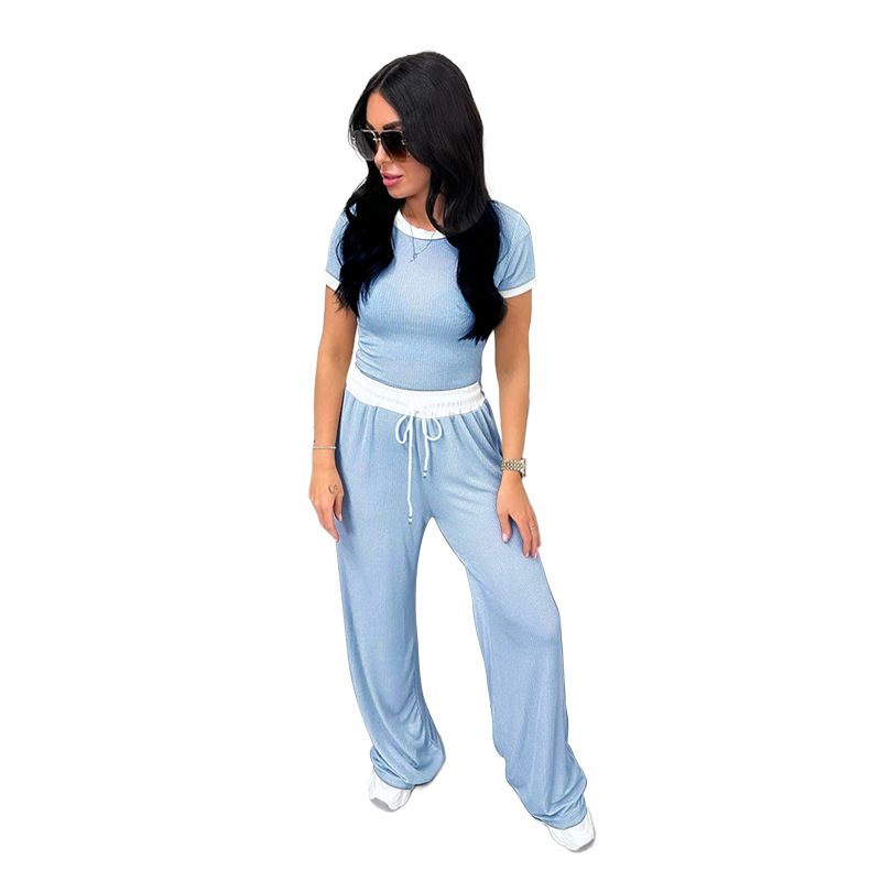 Spring And Summer New Round Neck Contrast Short Sleeve Women's Fashion Casual Wide Leg Pants Sports Suit_ecoleips.com