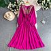 Women's French Retro Heavy Duty Art Embroidery Dress V Neck Long Sleeve Loose Fitting Tie Waist Elegant Long Dress for Summer_ecoleips.com