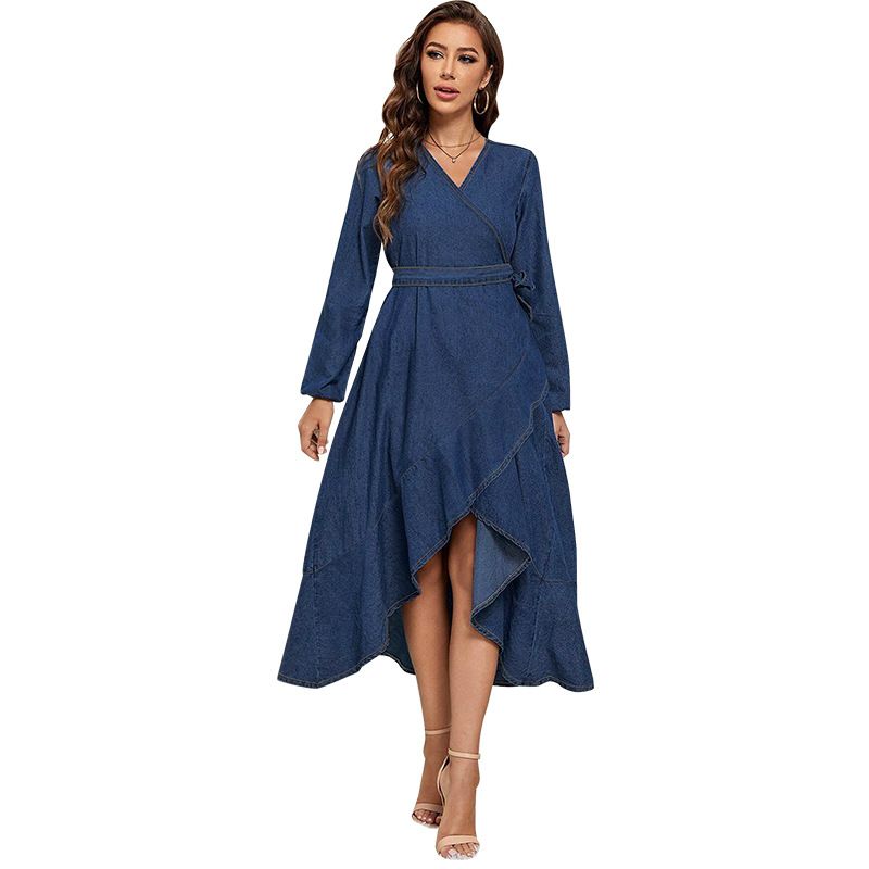 Plus Size Denim Maxi Dress With V-Neck & Tie-Waist, Long Sleeve Bodycon Dress With Asymmetrical Hem For Women_ecoleips.com