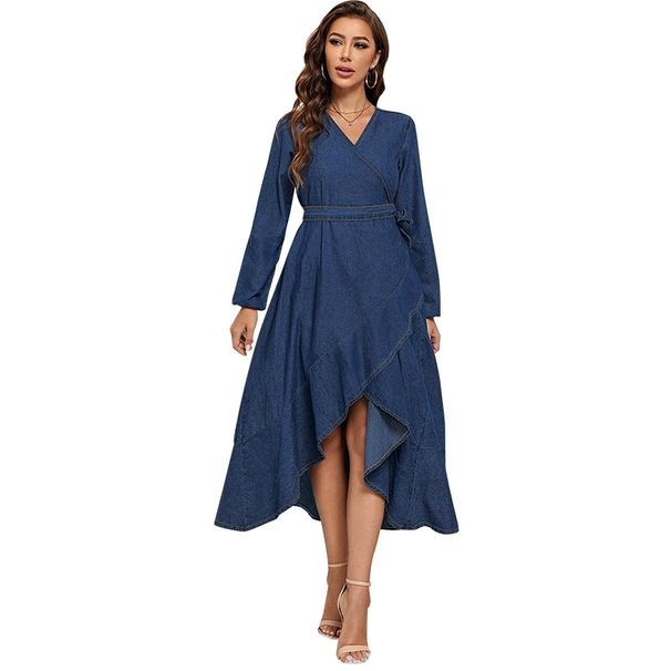 Plus Size Denim Maxi Dress With V-Neck & Tie-Waist, Long Sleeve Bodycon Dress With Asymmetrical Hem For Women_ecoleips.com