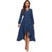 Plus Size Denim Maxi Dress With V-Neck & Tie-Waist, Long Sleeve Bodycon Dress With Asymmetrical Hem For Women_ecoleips.com
