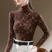 Women's High Neck Lace Base Shirt Women's See-Through Crochet Stretch Inner Waisted Top_ecoleips.com